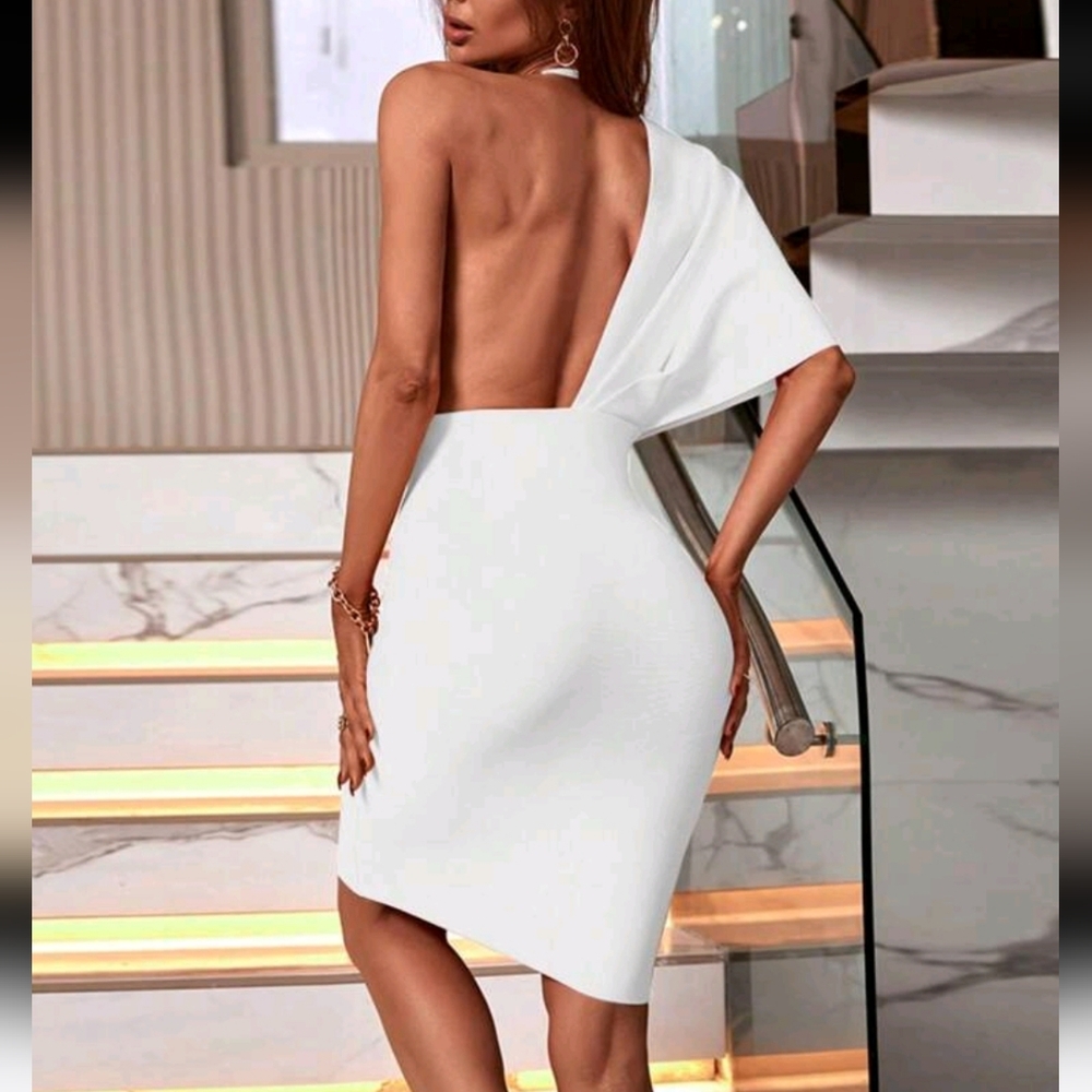 Women's Fashion Spring Summer Sexy Elegant White Halter Backless Bodycon Bandage - Picture 3 of 8